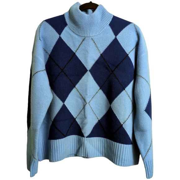 NWT Everlane Blue Navy Argyle Mock Turtleneck Wool Pullover Sweater Size L - Picture 2 of 12